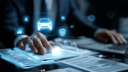 Half-body torso of a professional in a modern office, glowing holographic car and shield icons mixed with flat clean insurance documents floating in front