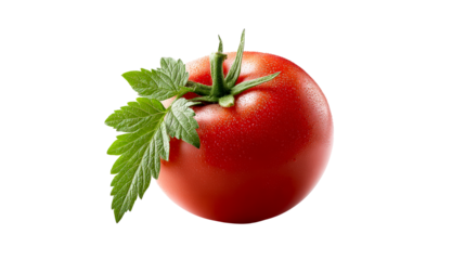 Ripe red tomato with fresh green leaves and water droplets, cut out transparent