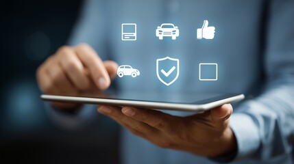 Torso holding a tablet, minimal floating icons of car safety, shield, and digital approval above the screen