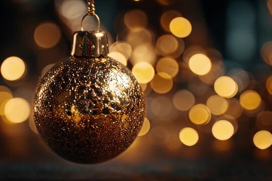 golden christmas ball swinging against festive lights