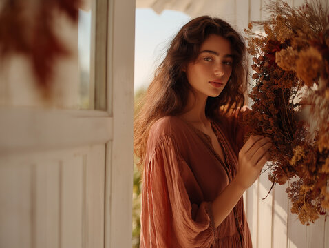 A young woman stands on a cozy autumn porch holding a seasonal bouquet. Her earth-toned knit dress and the floral decor create a warm, rustic atmosphere.