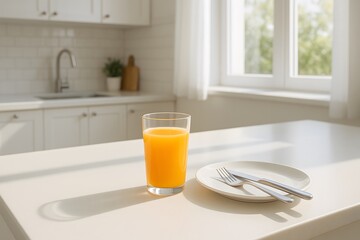 Sunlit Modern Kitchen Breakfast with Orange Juice and Utensils on Minimalist Table &ndash; Bright Interior Design with Natural Light and Warm Tones