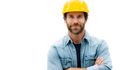 Man wearing yellow hard hat and denim shirt with arms crossed, cut out transparent