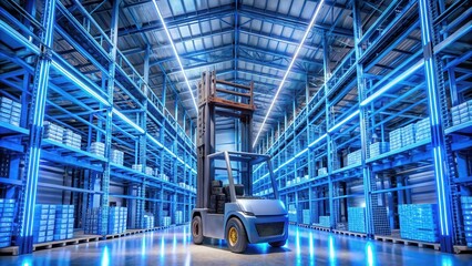 Photo of futuristic warehouse interior with automated forklift truck and blue neon lights, showcasing advanced logistics and storage solutions for efficient supply chain management