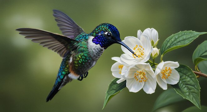 Hummingbird near jasmine flower - Powered by Adobe