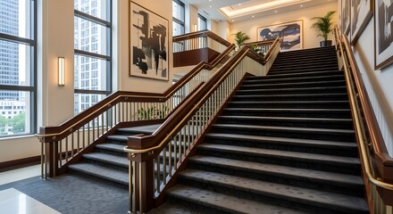 Obraz premium Elegant modern staircase with city view, luxury interior design, sophisticated business lobby