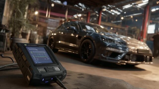 A mechanic tests a car&rsquo;s exhaust in a garage with pipes rumbling gauges ticking a fan blowing fumes and a diagnostic screen glowing shown in a technical photo with pipe