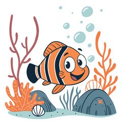 Cartoon clownfish swimming joyfully isolated on white background