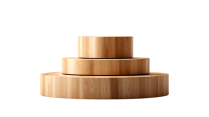 Three stacked wooden cylinder platforms with natural grain texture, cut out transparent