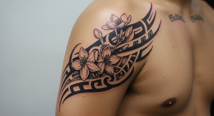 Shoulder tattoo with tribal patterns and flowers