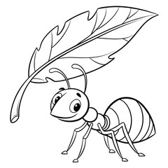 Cute cartoon ant carrying a large leaf isolated on white background