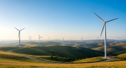 Obraz premium Stunning wind farm landscape at sunrise with rolling hills and clear blue sky