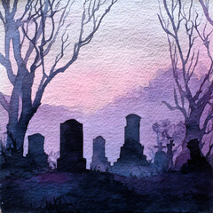 Gravestones emerge against a twilight sky, surrounded by leafless trees. Shades of purple and pink create an eerie, calm atmosphere as the day transitions to night
