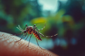 Fototapeta premium Mosquito biting human skin in natural outdoor setting during daytime 