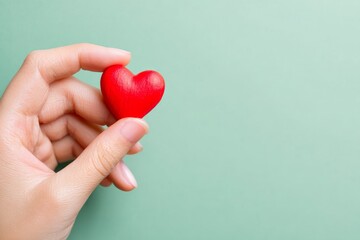 Fototapeta premium A pale mint green backdrop highlights a hand holding a small, vibrant red heart.