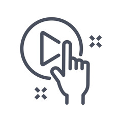 A play symbol within a circle being touched by a hand with starburst icons near. Editable stroke. Vector illustration