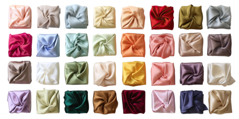 Grid of folded silk fabrics in various pastel and darker colors