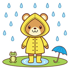 Cute happy cartoon bear in hooded raincoat isolated on white background
