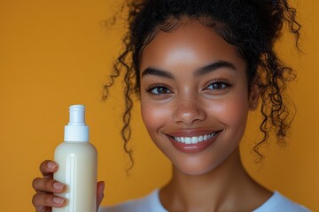 Beautiful smiling African American woman holding skincare product in a bright setting