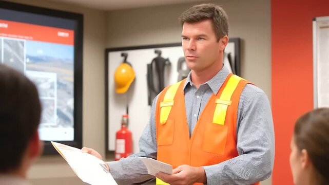 A novice learns safety rules in a range classroom with slides projected manuals open safety gear displayed and a trainer explaining protocols presented in a educational photo