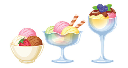 Ice cream in glass bowls vector colorful set. Sweet dessert with berries.