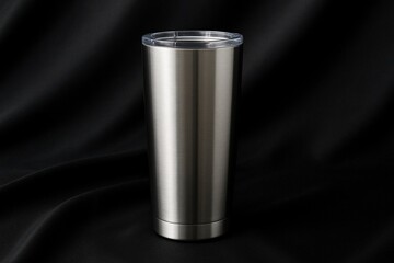 Silver metallic tumbler mockup on fabric background
