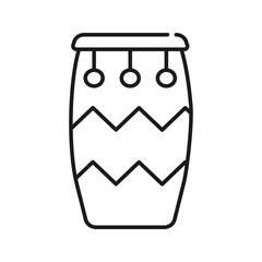 An outlined conga drum with two zigzag patterns and three pendants. Editable stroke. Vector illustration