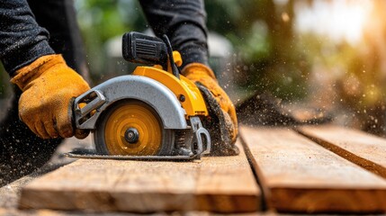 Close-up of a person using a circular saw to cut wooden planks.