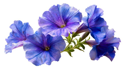 Group of Deep Purple and Blue Petunia Flowers with Green Stems, cut out transparent