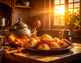 Fototapeta premium Rustic kitchen scene with pastries and sunlight