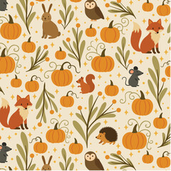 Whimsical Cottagecore Autumn Pattern with Woodland Animals, Pumpkins, and Foliage
