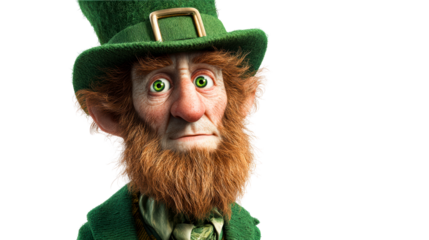 Detailed portrait of a whimsical leprechaun with bright green eyes and ginger beard, cut out transparent