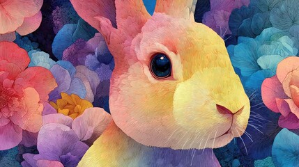 Watercolor bunny illustration with vibrant pastel tones, clear outlines, high quality shading, artistic whimsical background for childrenbook design.
