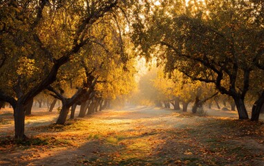 Obraz premium A forest of trees with leaves on the ground