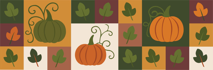 Geometric Pumpkin Banner for Thanksgiving with Autumn Leaves and Harvest Colors