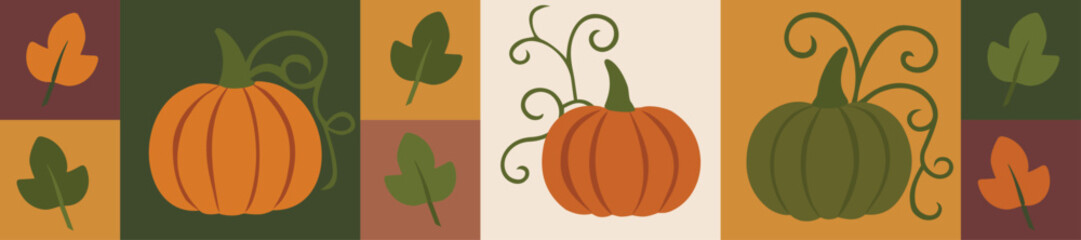 Rustic Geometric Pumpkin Banner with Autumn Leaves and Harvest Colors