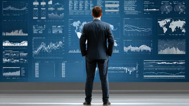 Data Analyst Contemplating: A focused data analyst, standing before an array of interactive data visualizations, embodying strategic planning, and insightful analysis.