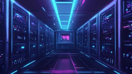 Futuristic server room corridor glowing with neon lights - Powered by Adobe