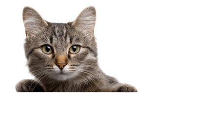 Tabby cat peeking over a white surface, close up on face and paws, cut out transparent