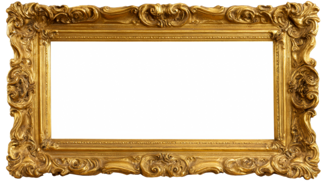 Ornate Golden Ornate Rectangle Frame with Intricate Carvings, cut out transparent