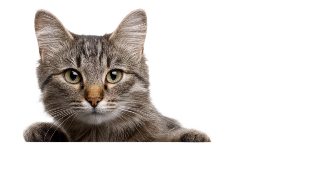 Tabby cat peeking over a white surface, close up on face and paws, cut out transparent