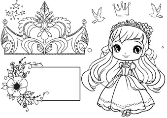 cute children coloring page with floral frame, crown & princess; easy to print! perfect for handmade sticker