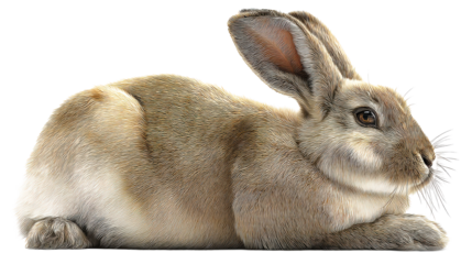 Detailed close-up of a brown rabbit lying down against a white background, cut out transparent