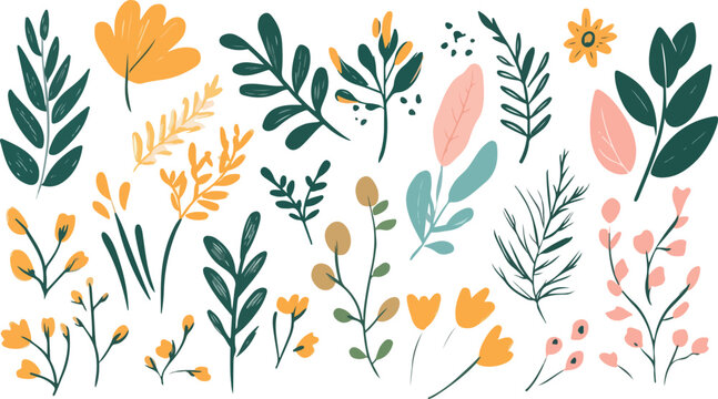 Collection of hand drawn botanical elements featuring yellow flowers green leaves and pink accents