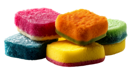 Pile of colorful absorbent kitchen sponges stacked on a clean surface, cut out transparent