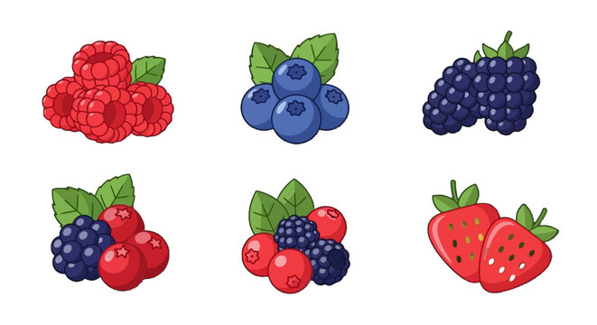 Berries vector icon set with six colorful fruit designs