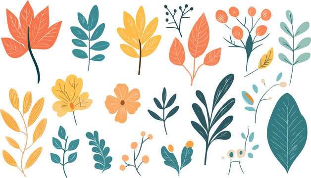Collection of hand drawn stylized autumn leaves and floral elements in warm earthy colors