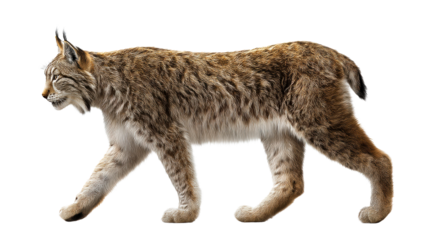 Lynx walking profile view isolated on white background with subtle shadow, cut out transparent