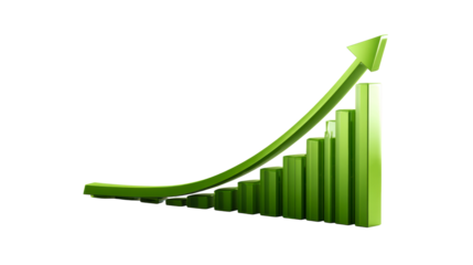 Green bar graph with rising arrow indicating upward growth and progress, cut out transparent