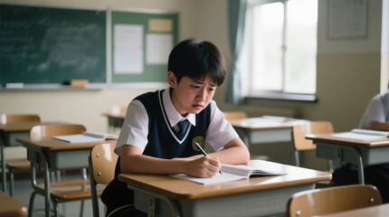 Sad boy student writing in classroom